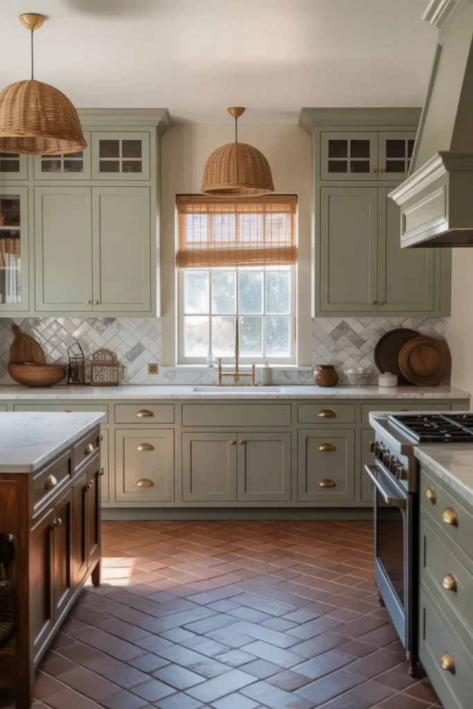 a medium-sized kitchen with full soft sage green Shaker cabinets
