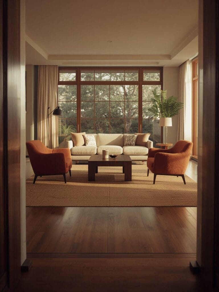 a medium-sized modern living room with a floating sofa arrangement