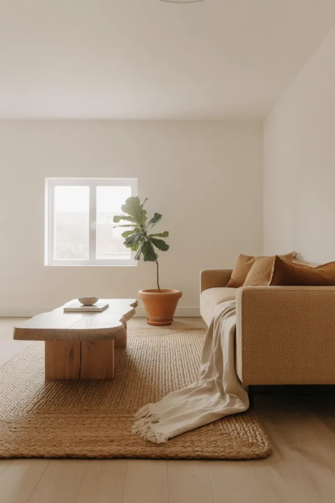 a minimal American living room using only natural materials