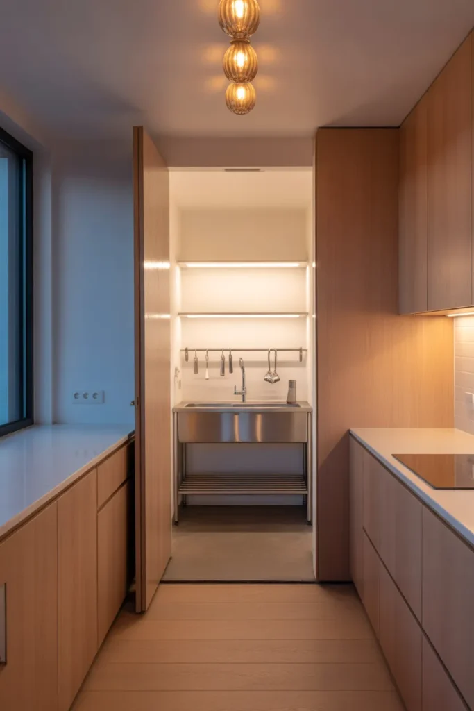 a minimalist L‑shaped kitchen with light oak cabinets
