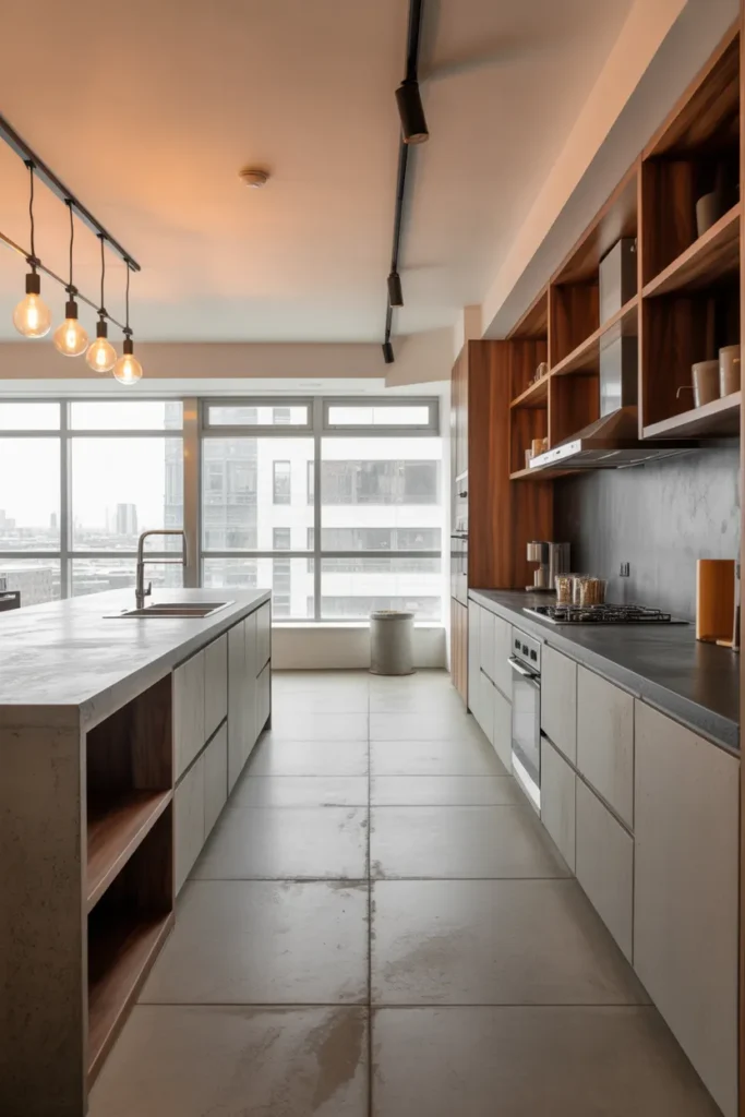 a minimalist open-plan kitchen with poured concrete countertops