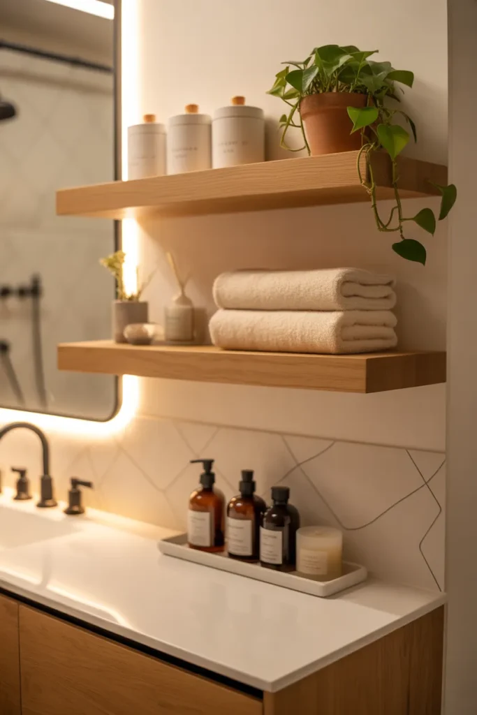 a modern bathroom with two floating white oak open shelves mounted