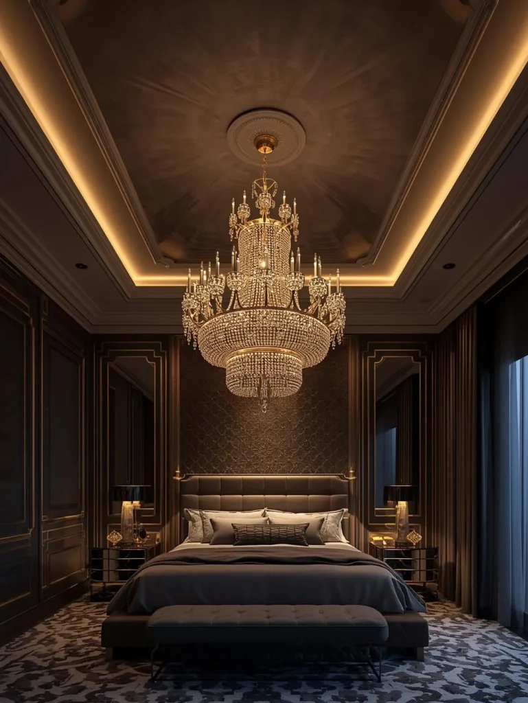 a modern glam bedroom at dusk with a large crystal chandelier