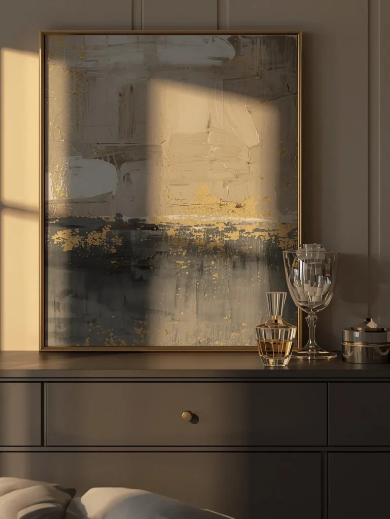 a modern glam bedroom dresser with a large abstract painting