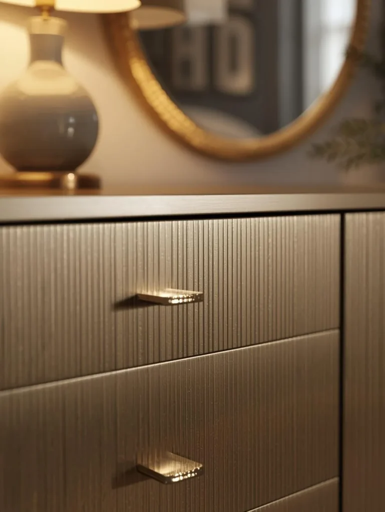 a modern glam bedroom dresser with brushed gold drawer pulls