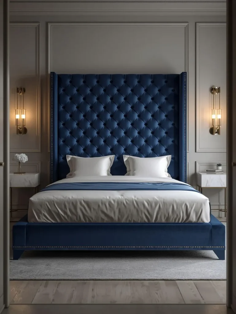 a modern glam bedroom featuring a tall tufted sapphire velvet bed frame