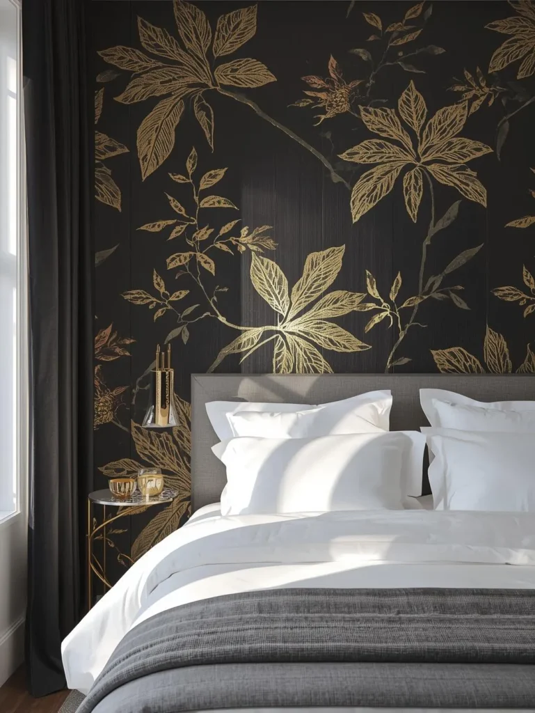 a modern glam bedroom with a deep charcoal botanical wallpaper