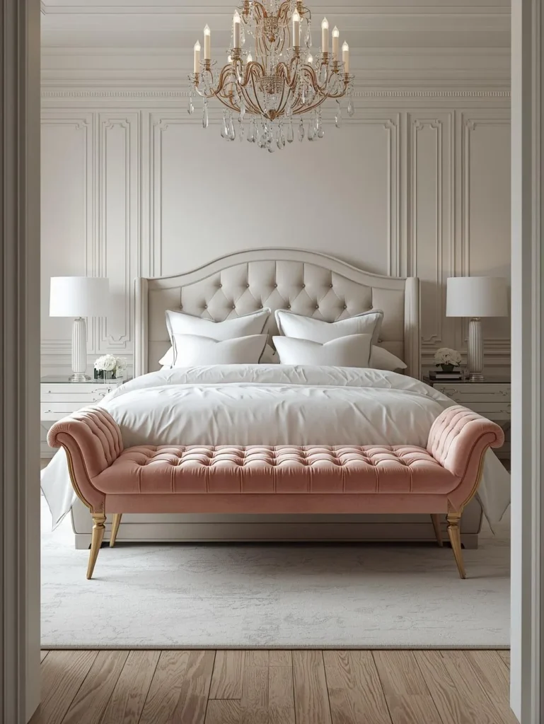 a modern glam bedroom with a tufted blush velvet bench