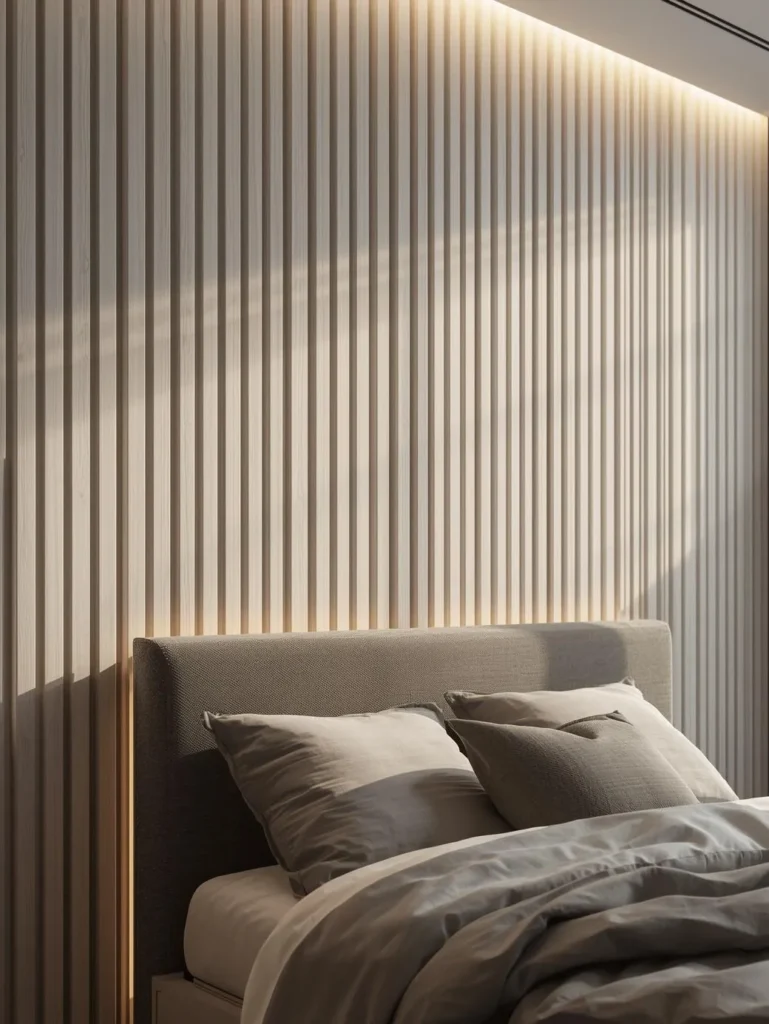 a modern glam bedroom with white painted vertical wood slat wall panels behind a grey upholstered bed