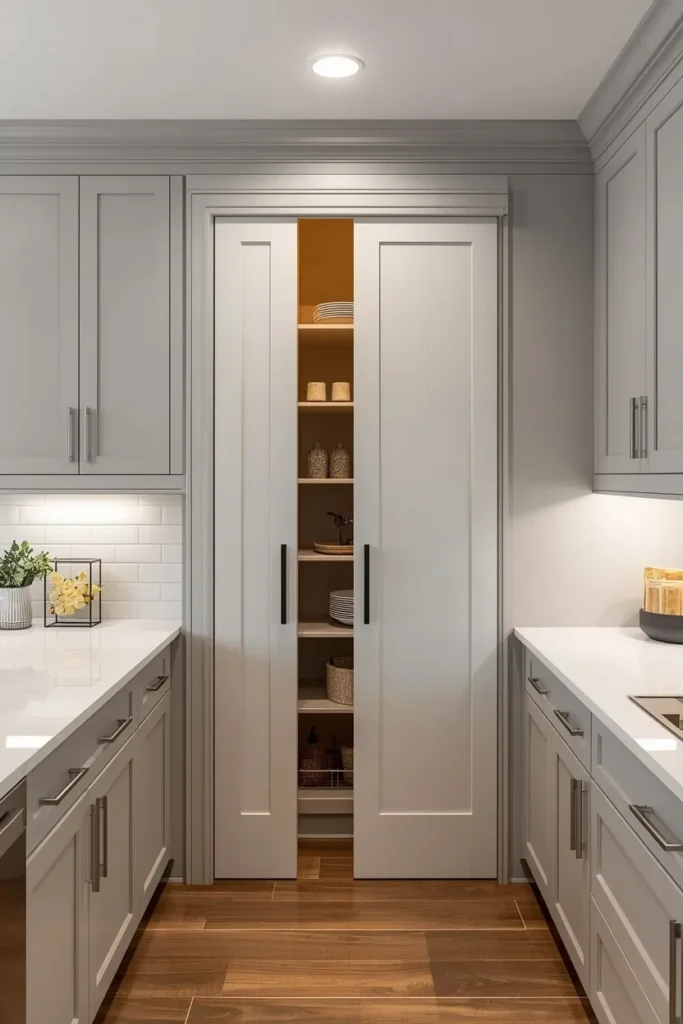 a modern kitchen corner pantry with a white sliding pocket door