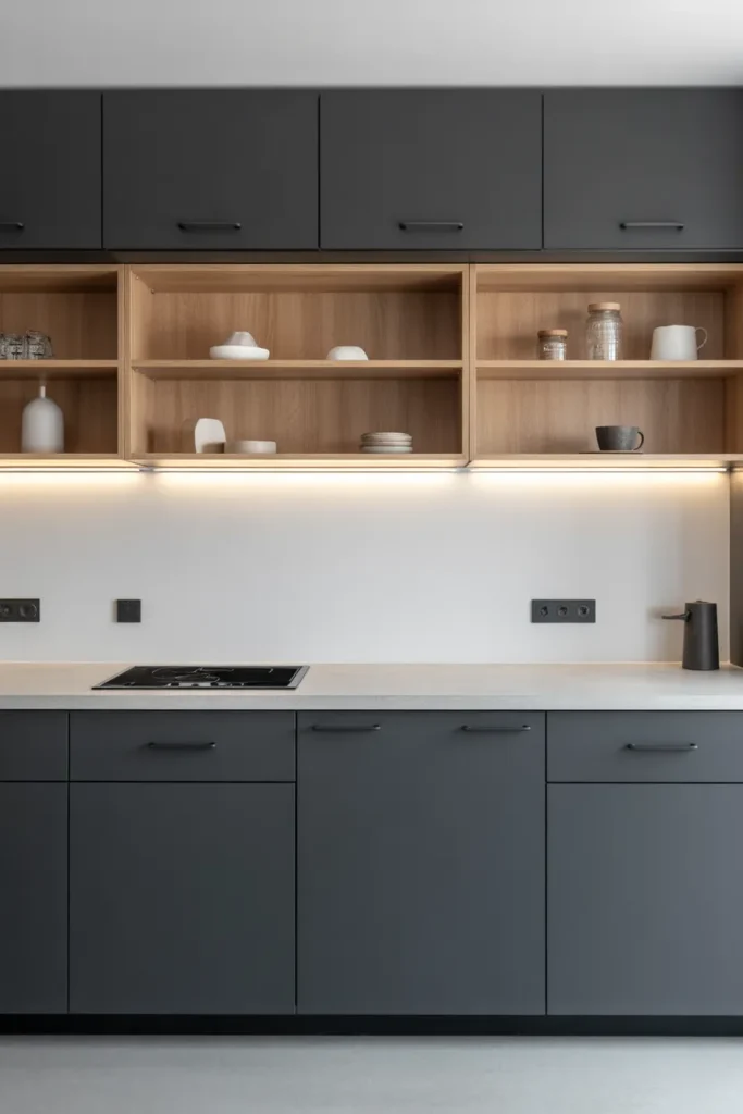 a modern kitchen with charcoal gray lower flat-front cabinets