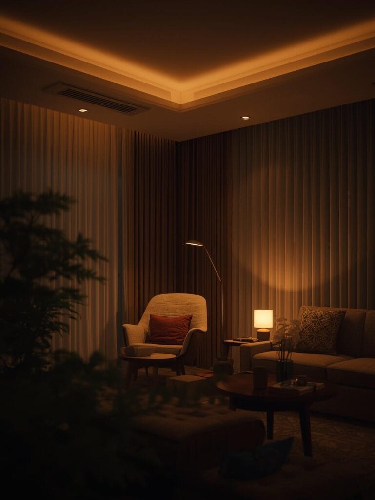 a modern living room at evening showing three-layer lighting