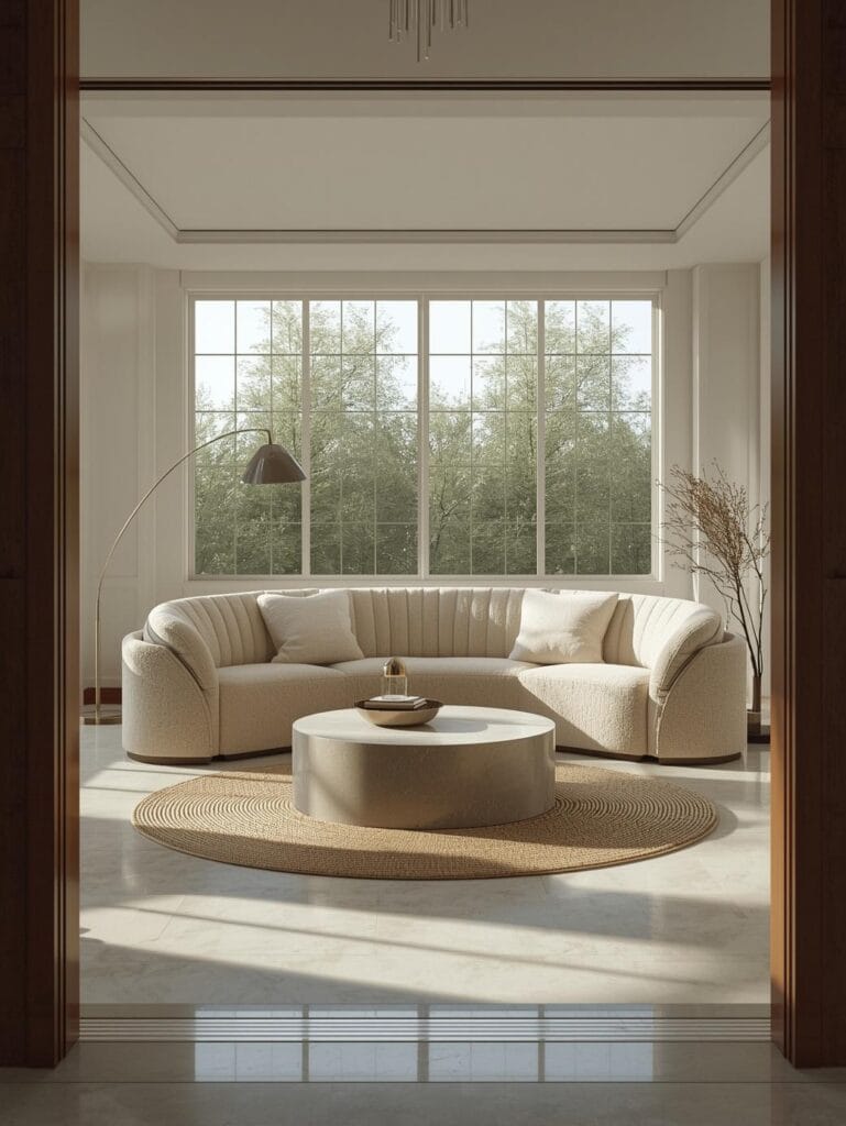 a modern living room centered around a large curved cream bouclé sofa