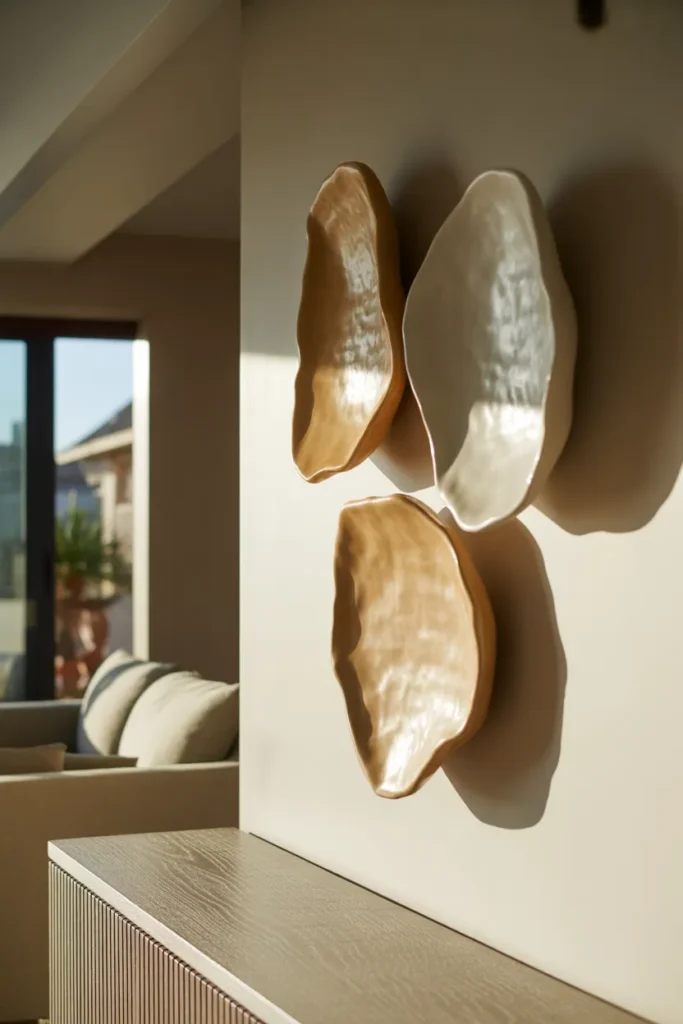 a modern living room wall with a grouping of three organic-form ceramic wall
