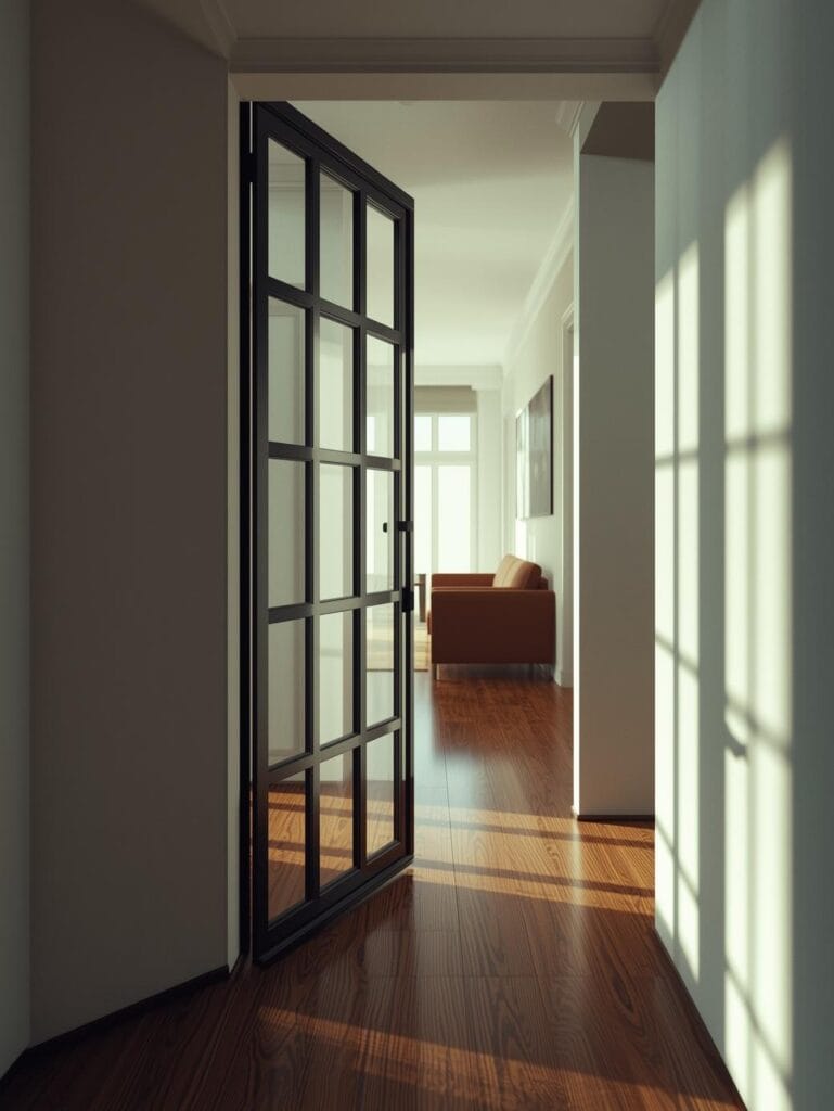 a modern living room with a black steel-framed glass panel