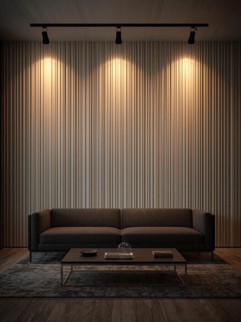 a modern living room with a full wall of vertical white-painted fluted wood panels
