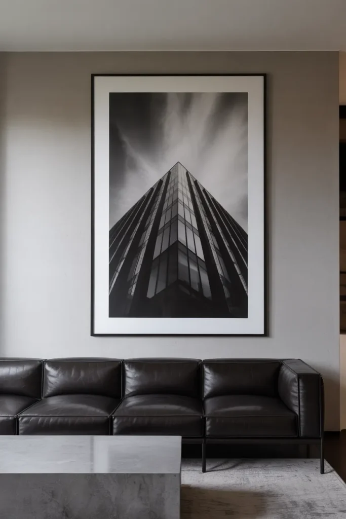 a modern living room with one oversized black and white architectural photography