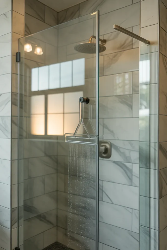 a modern walk-in shower with large format white marble-look porcelain tile walls