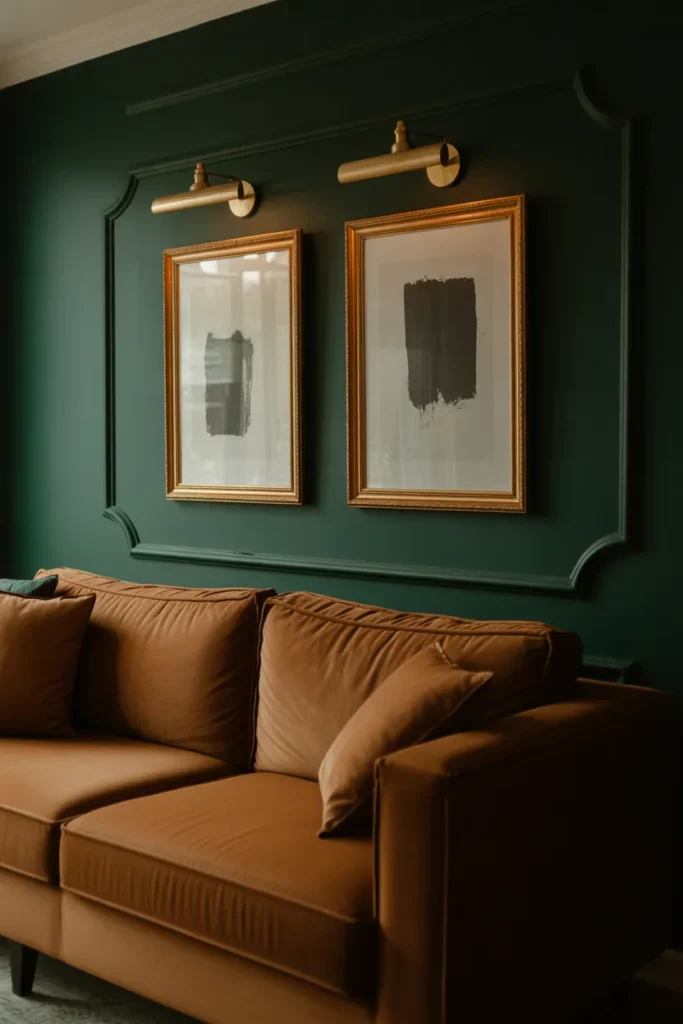 a moody living room with a deep forest green accent wall