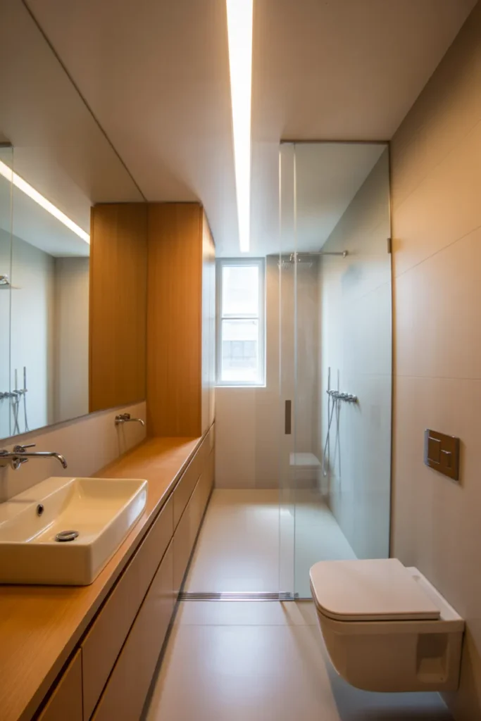 a narrow galley bathroom