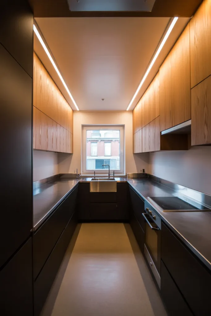 a narrow galley kitchen with dark matte lower cabinets