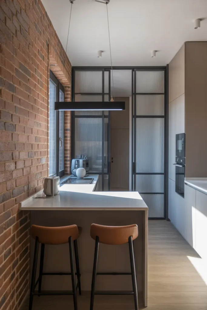 a narrow open‑plan kitchen with a white quartz peninsula