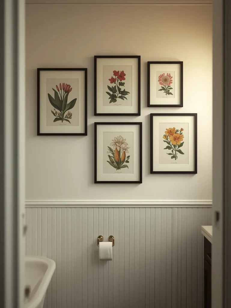 a neutral white bathroom wall with a gallery