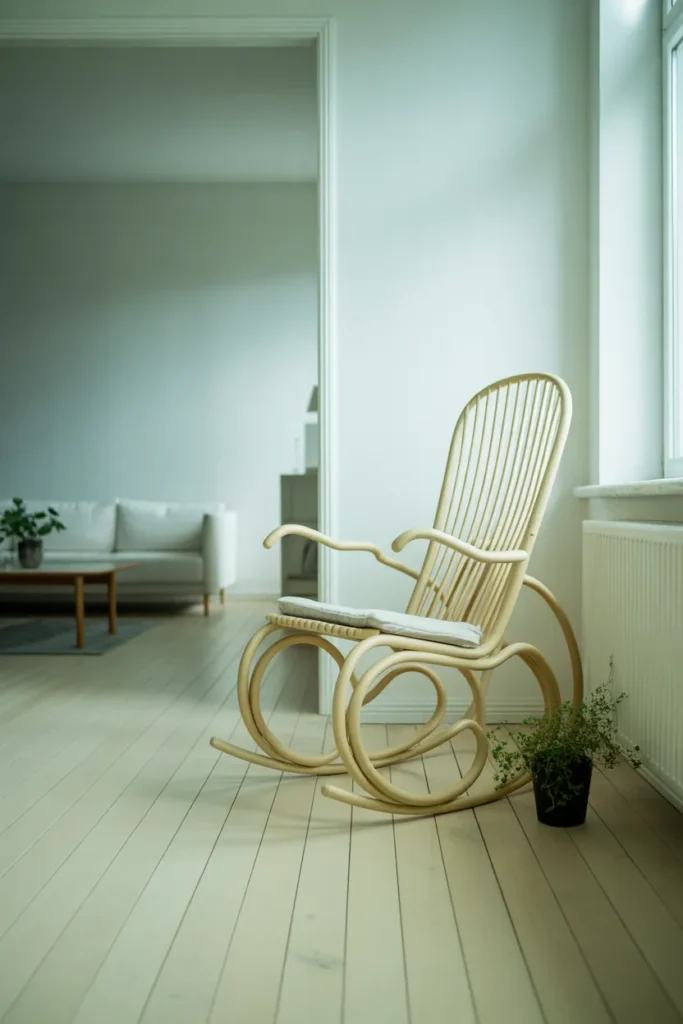 a pale bentwood rocking chair with a thin white cushion positioned beside a window