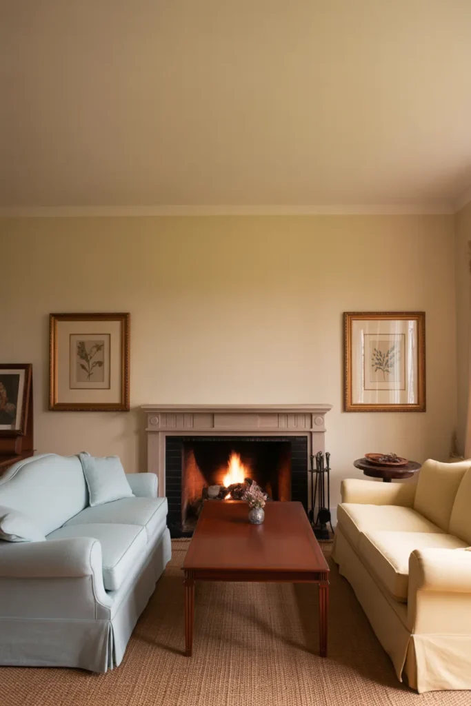 a pale blue linen settee positioned opposite a cream sofa