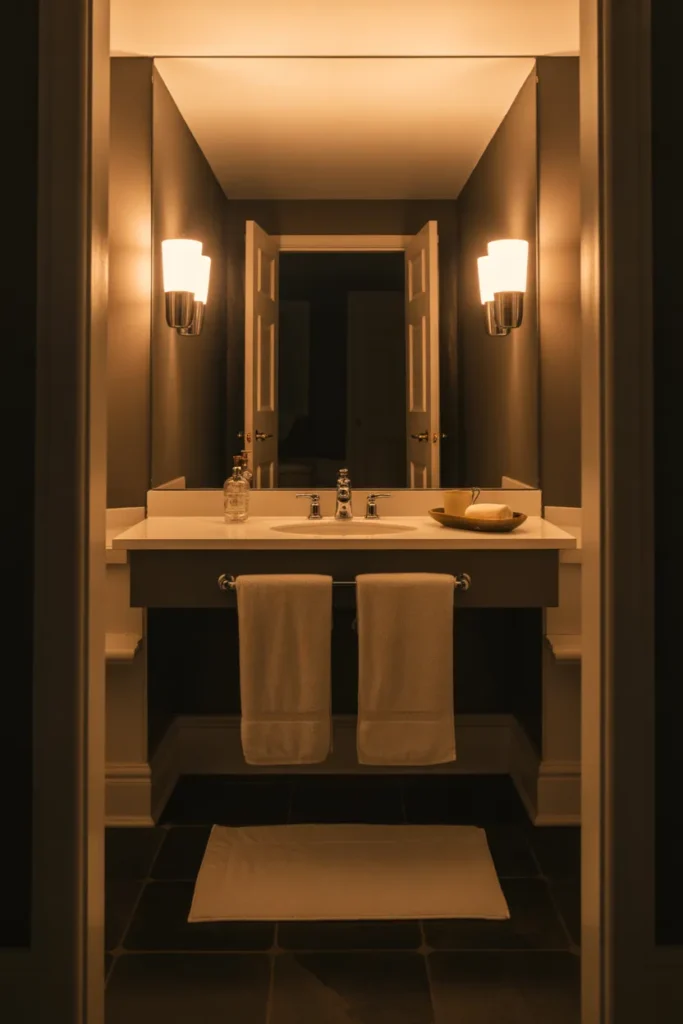a perfectly ordered bathroom at night