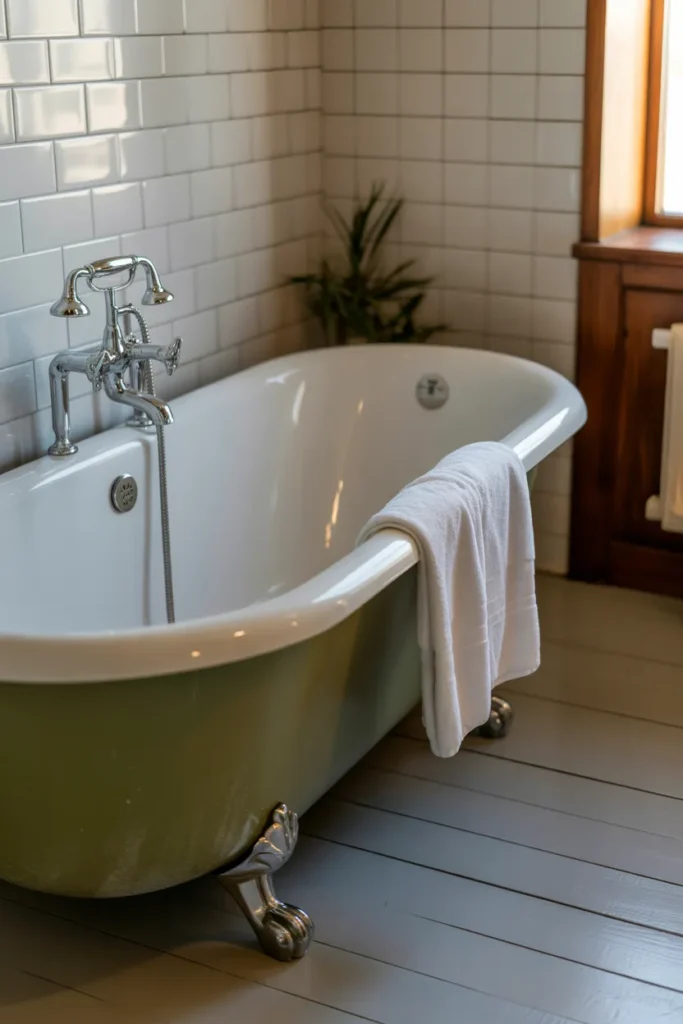 a porcelain freestanding bathtub beside a white-tiled wall