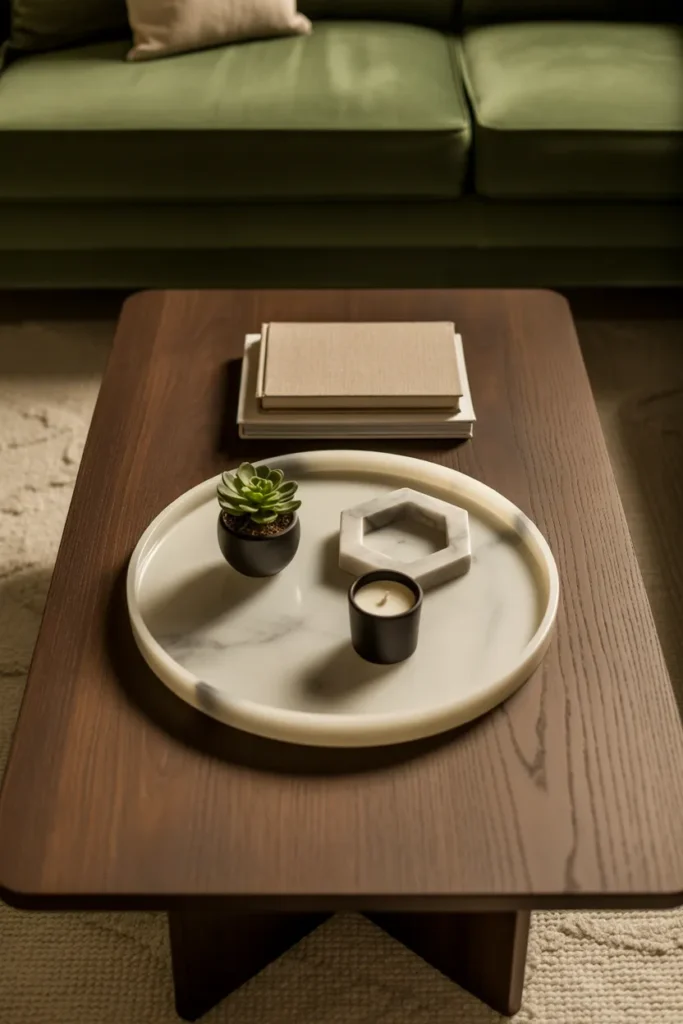 a rectangular dark walnut coffee table