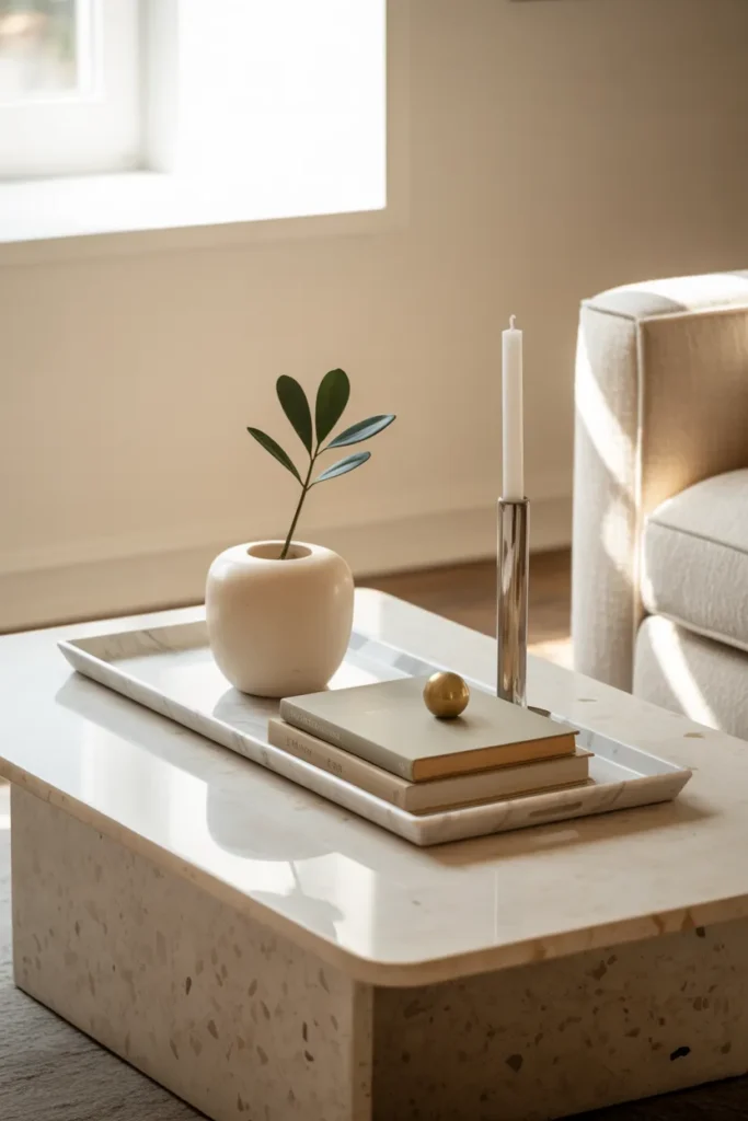 a rectangular light terrazzo coffee table