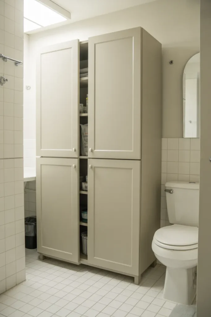 a rental apartment bathroom with a tall freestanding matte white cabinet with two doors