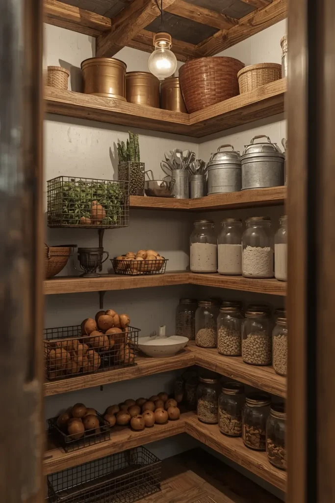 a rustic corner pantry