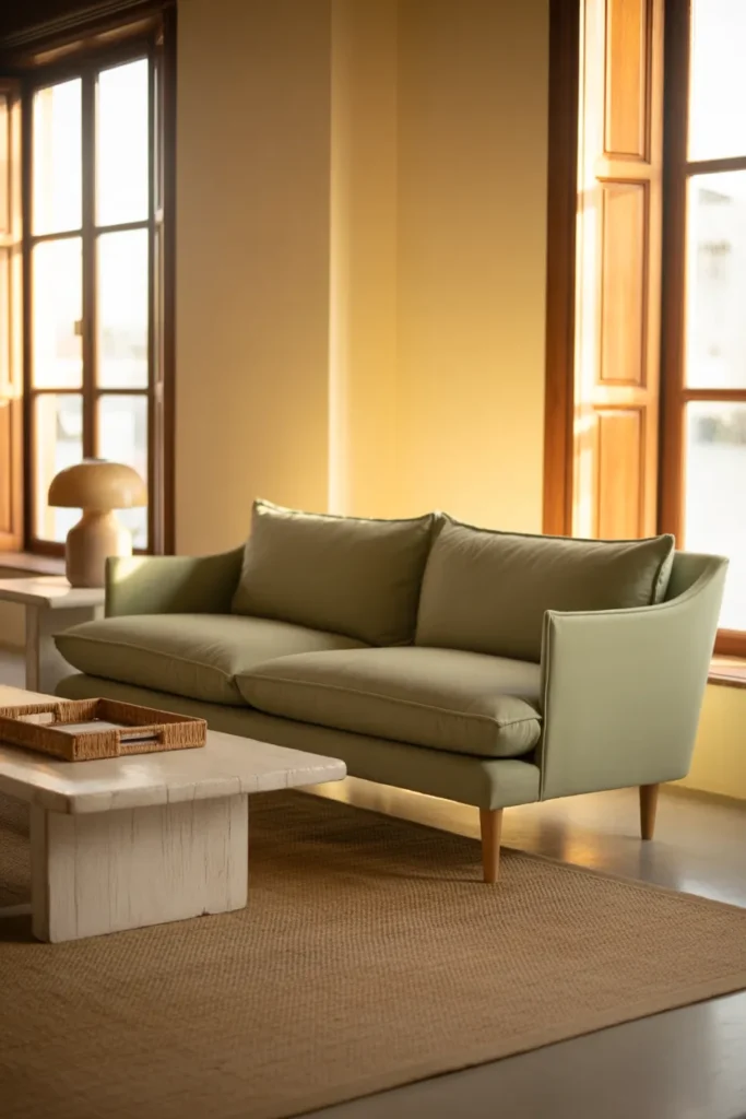 a sage green tight-back sofa
