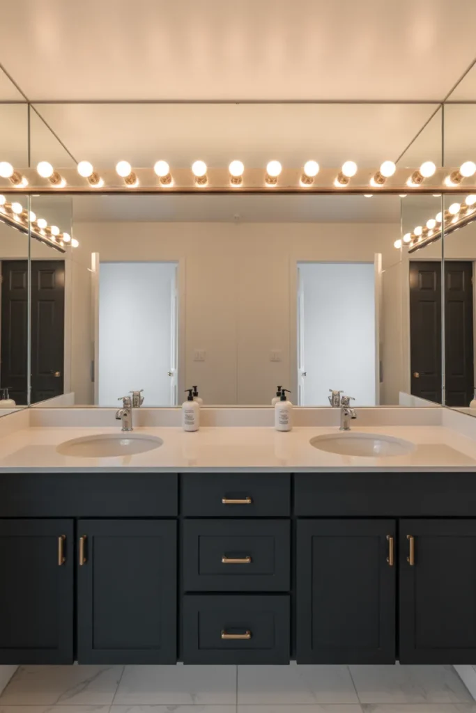 a serene double vanity bathroom with two white undermount sinks