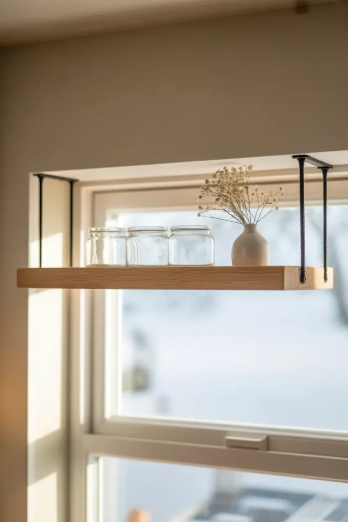 a single narrow natural oak floating shelf mounted above a kitchen window