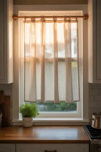 a single sheer natural linen curtain panel on a wooden rod
