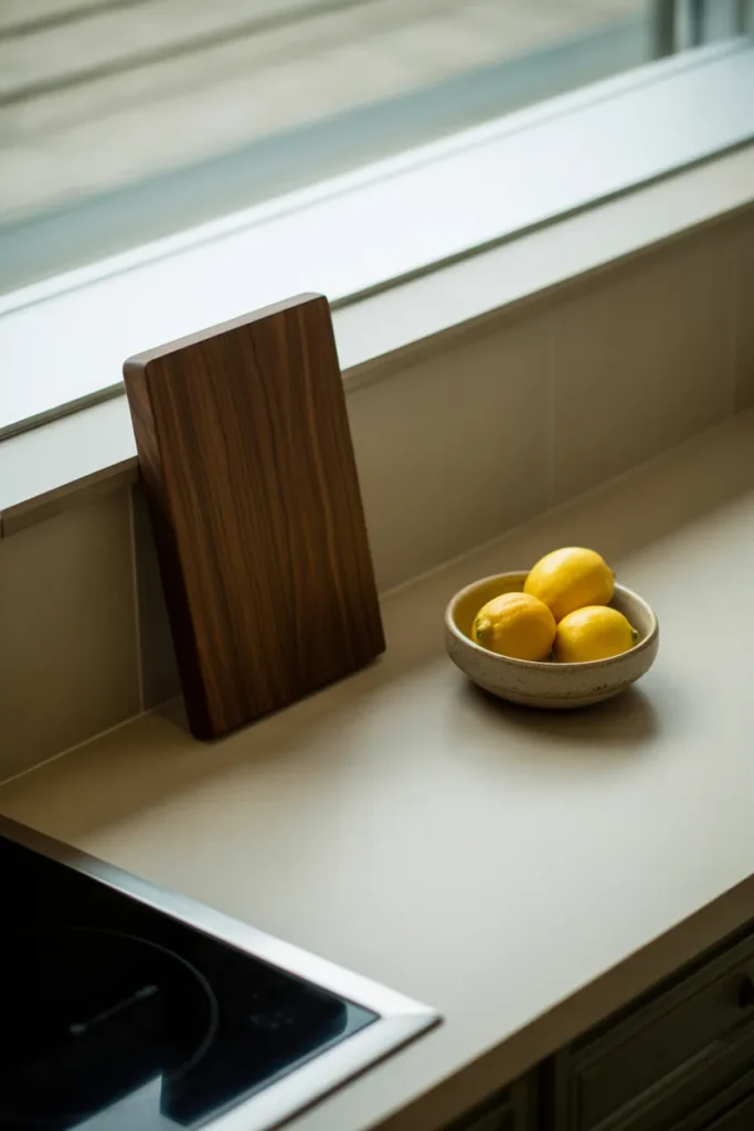 a single thick edge-grain walnut cutting board leaning against the backsplash