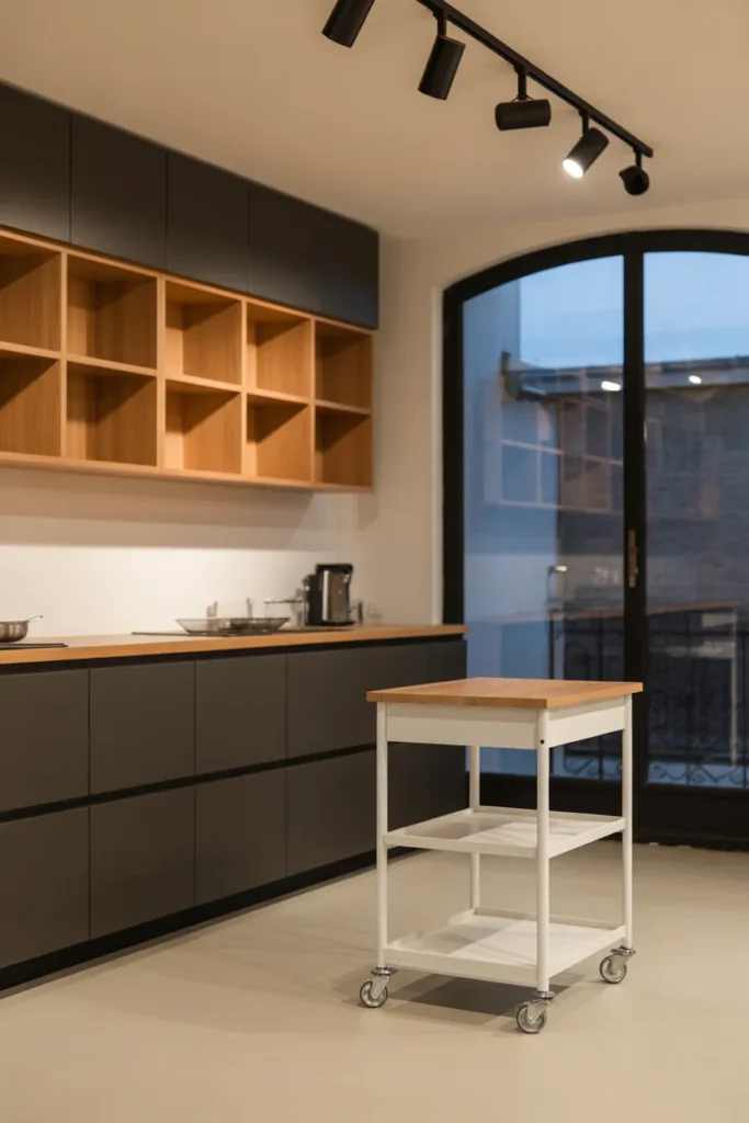 a single‑wall kitchen in a bright studio