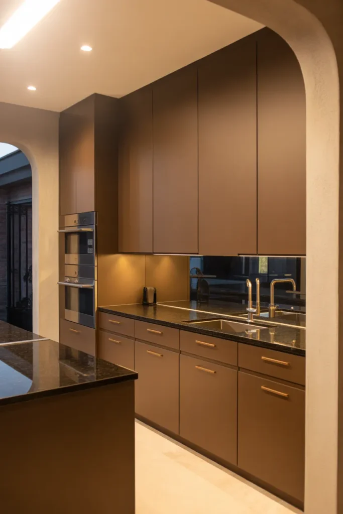 a sleek modern kitchen with full mushroom brown matte flat-front cabinets