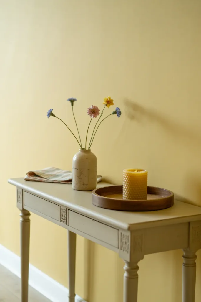 a slim antique-style white console table against a warm cream wall