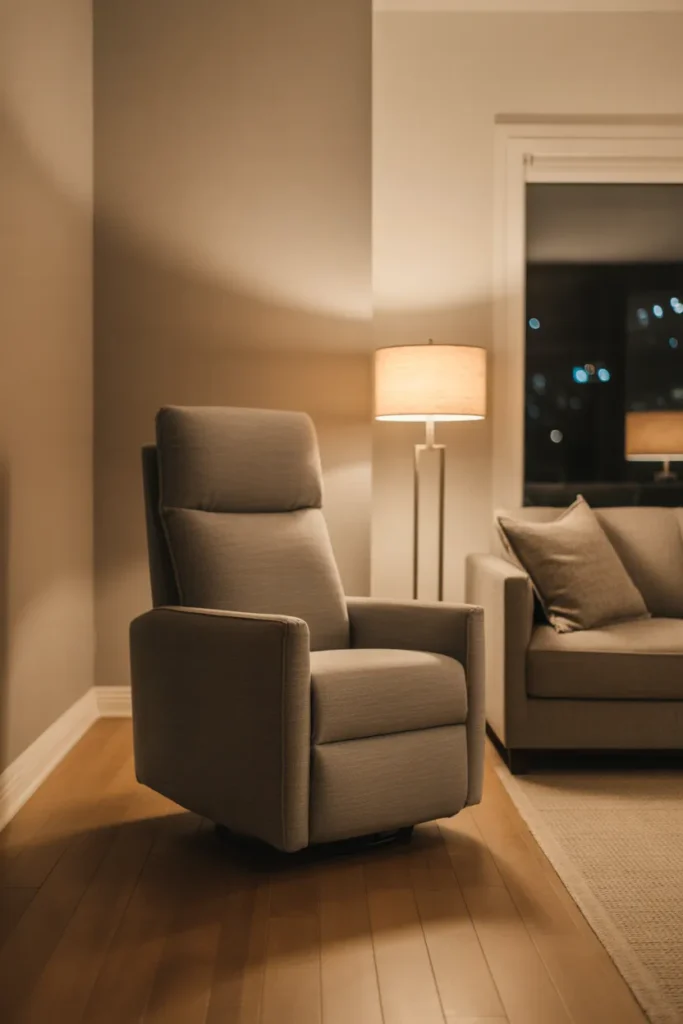 a slim modern power recliner in warm gray performance linen
