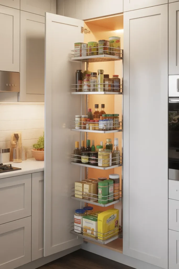 a slim pull-out pantry tower cabinet