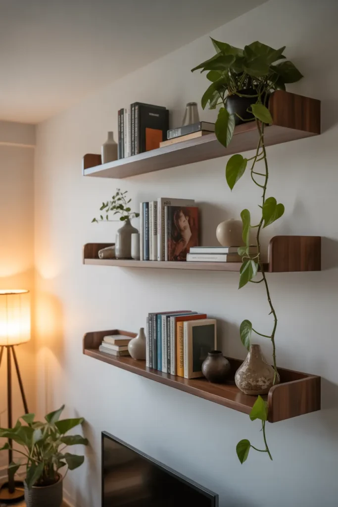 a small apartment living room with three staggered floating walnut shelves styled with books