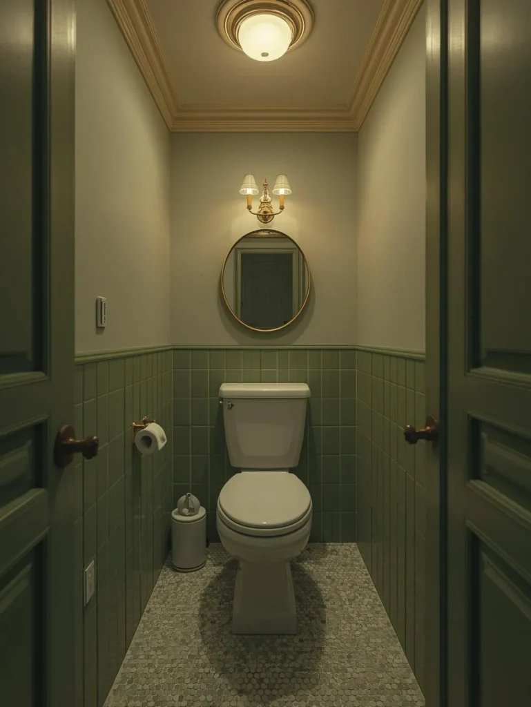 a small bathroom decorated entirely in tonal shades of green