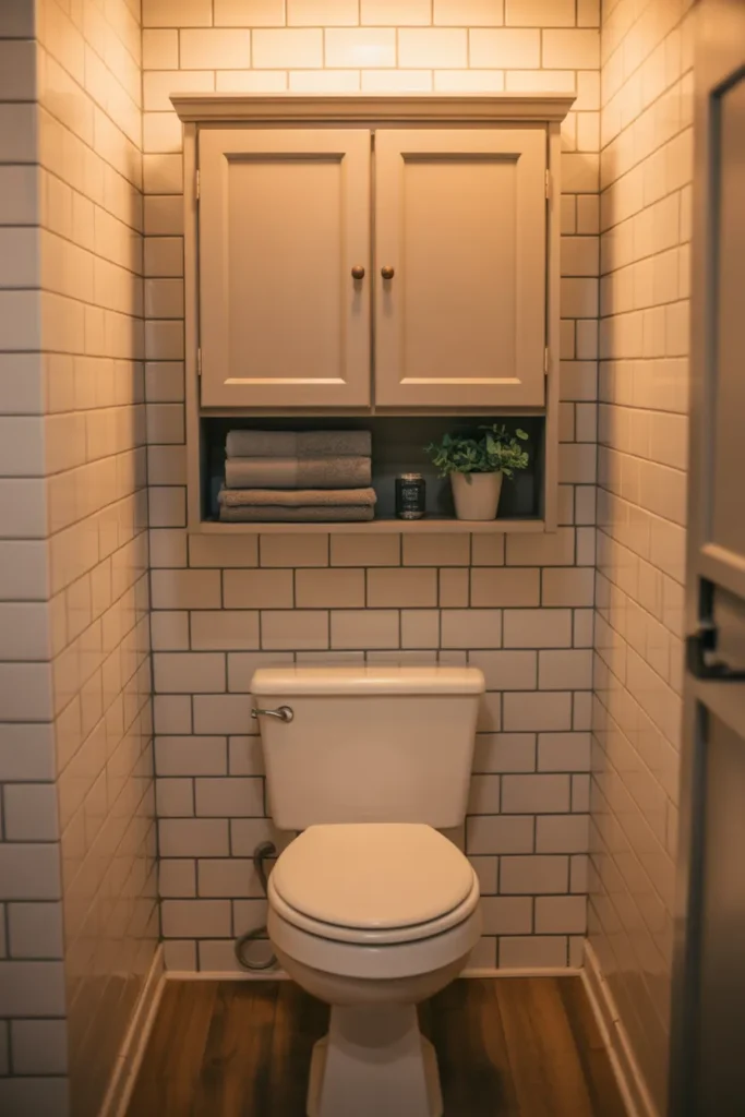 a small bathroom with a wall-mounted over-toilet cabinet