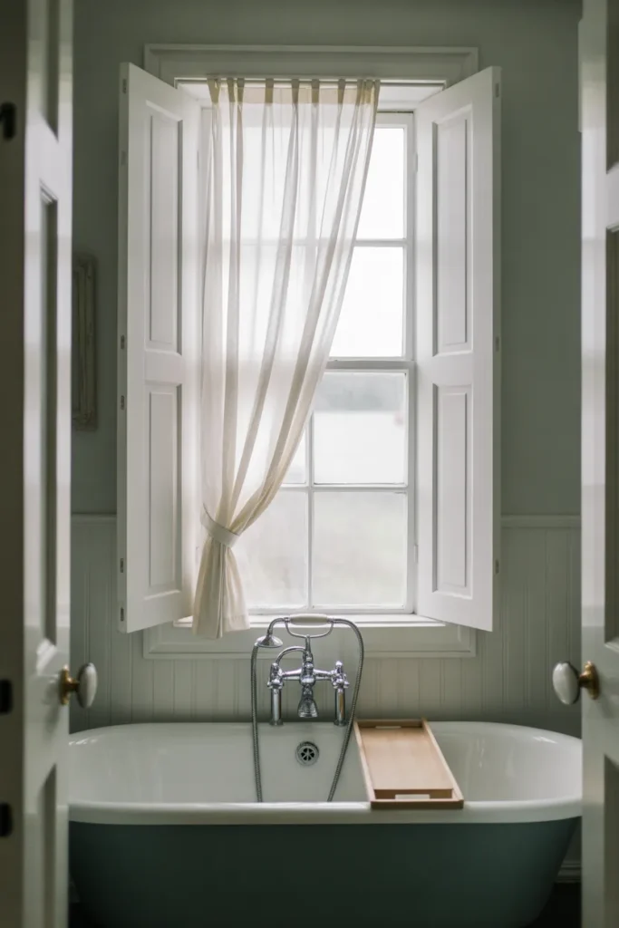 a small but bright bathroom with a white-painted wooden sash
