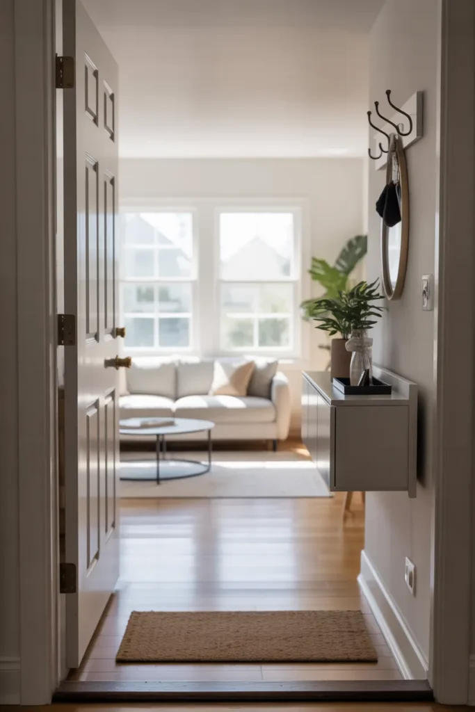 a small living room viewed from the open front door